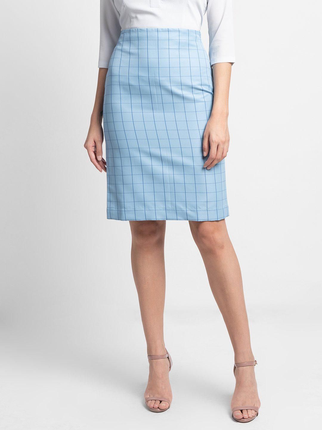 Windowpane Check Straight Skirt - Light Blue-XS