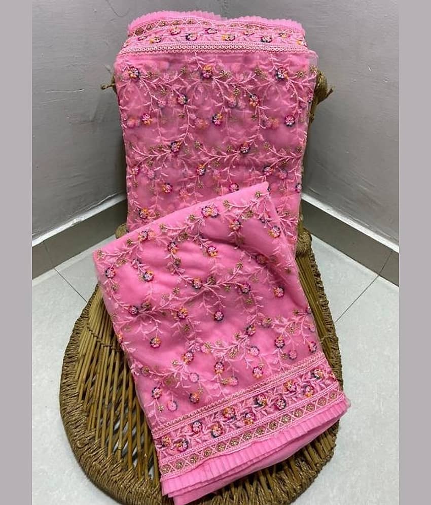 A TO Z CART Net Embellished Saree With Unstitched Blouse Piece ( SkyBlue )