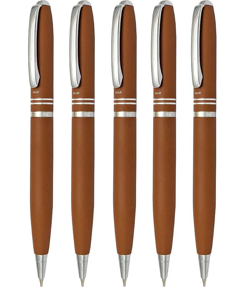 UJJi Two Ring Matte Tan Color Twist On & Off Pack of 5pcs (Blue Ink) Ball Pen