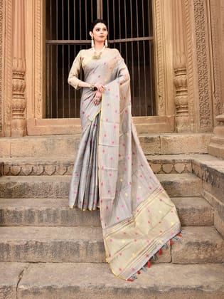 Dusty Grey Pure Linen Tissue Multicolor Polka Dots Weaving Saree