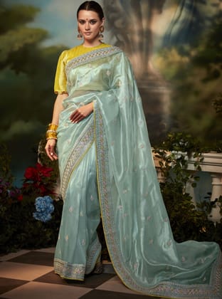 Light Blue Soft Silk Swarovski Diamond Work Saree