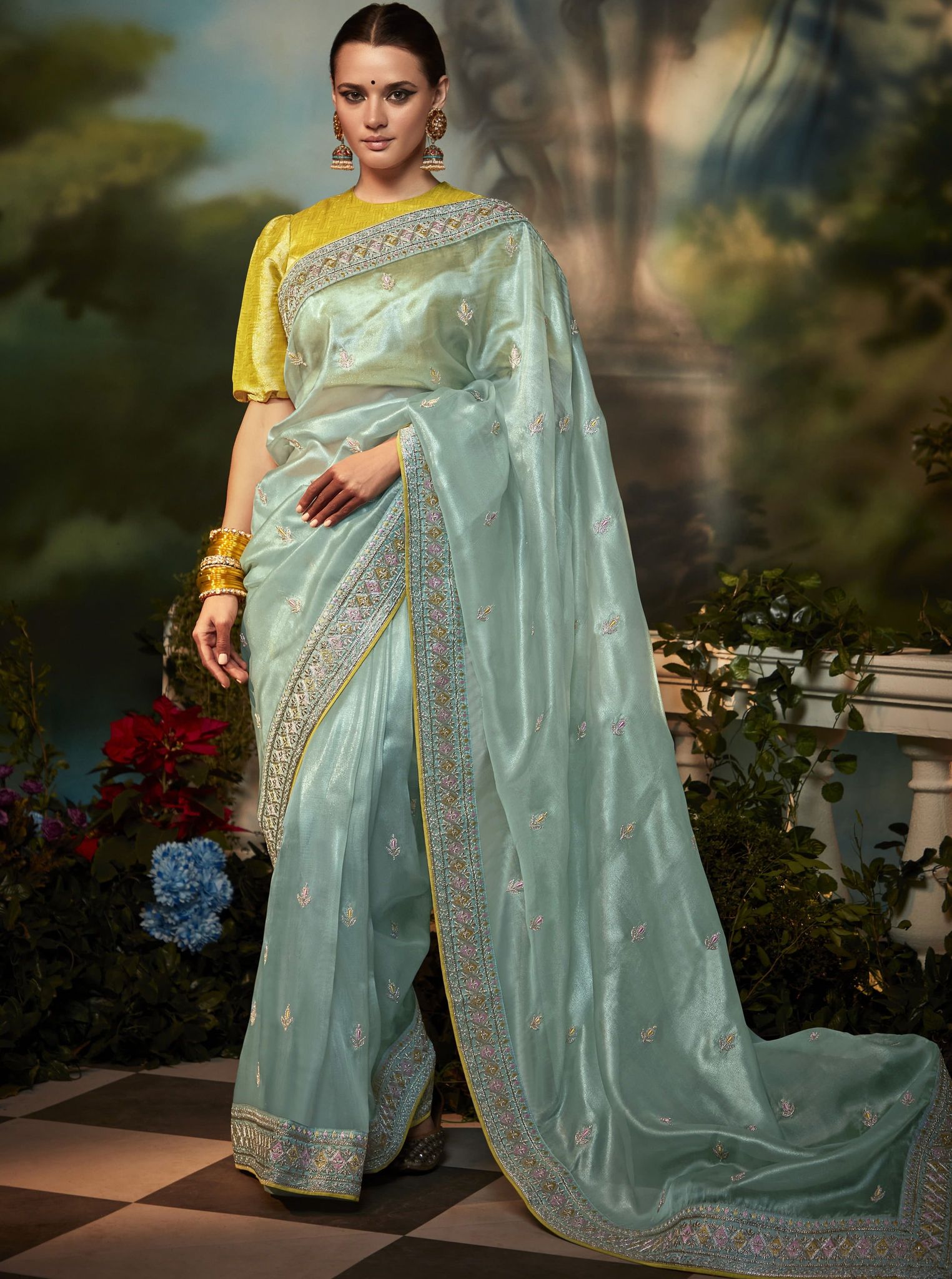 Light Blue Soft Silk Swarovski Diamond Work Saree