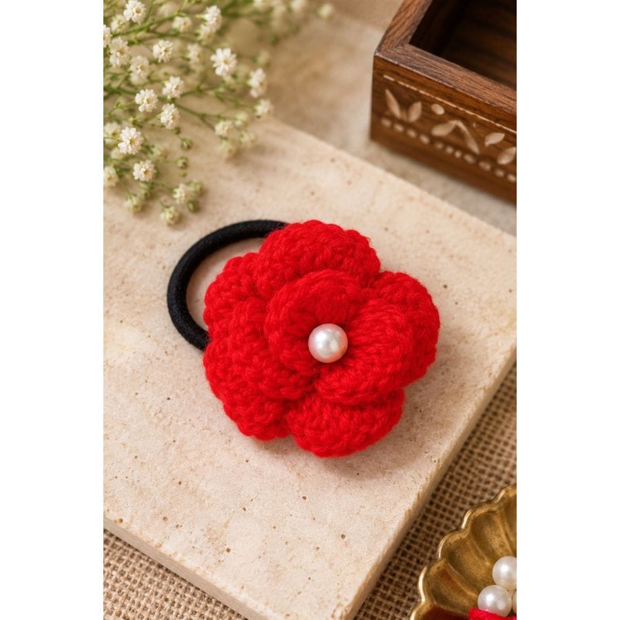 RED CROCHET HAIR TIE WITH PEARL