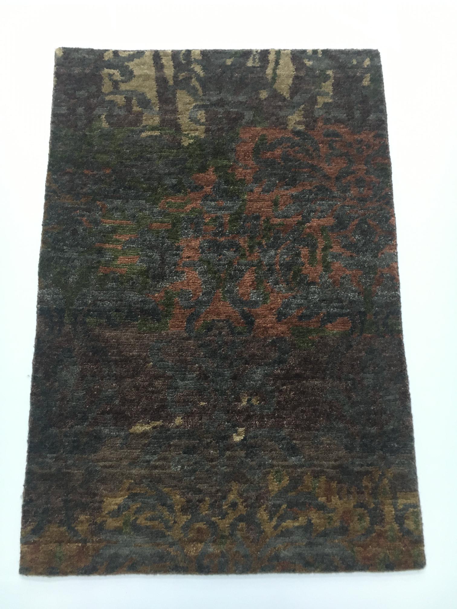 Hand-Knotted Wool & Bamboo Silk Rug  2x3 ft | Modern Geometric Design, Charcoal Multi