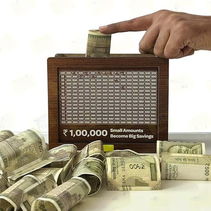 Braintastic Wooden Money Saving Box/Gullak/Piggy Bank with 1 Lakh Rupees Numbers Diaplay & Carved Design for Adults, Kids