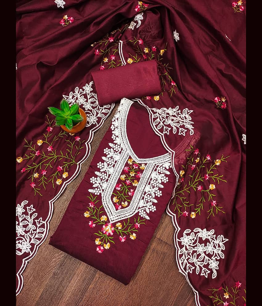 Rangtulika Ethnics Unstitched Organza Embroidered Dress Material - Maroon ( Pack of 1 )