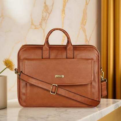 LOREM Glossy Tan Color Faux Leather 9.44L Messenger Bag for Men � Fits Up to 15.6" Laptop � Perfect for HP, Dell, Lenovo, MacBook BG112