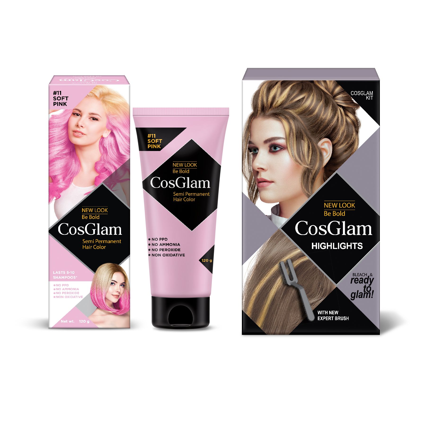 COSGLAM Semi Permanent Hair Color Soft Pink 120g and Hair Highlighter Kit 115g, Highlights Hair Dye