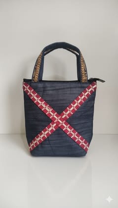 Handcrafted Indigo Tote Bag with Red & Cream Crisscross Weave and Golden Handles – Vaishali Creations