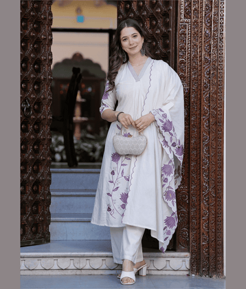 Sitaram Designer Cotton Embroidered Kurti With Palazzo Women's Stitched Salwar Suit - Off White ( Pack of 1 )