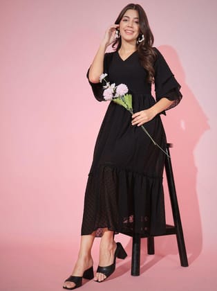 Vbuyz Georgette Embellished Midi Womens Fit & Flare Dress - Black ( Pack of 1 ) - None