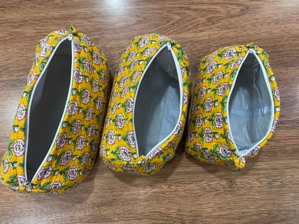 Quilted Cotton Cosmetic Pouches, Yellow Floral Print, Set of 3, Zipper Closure, Travel Organizer Bags