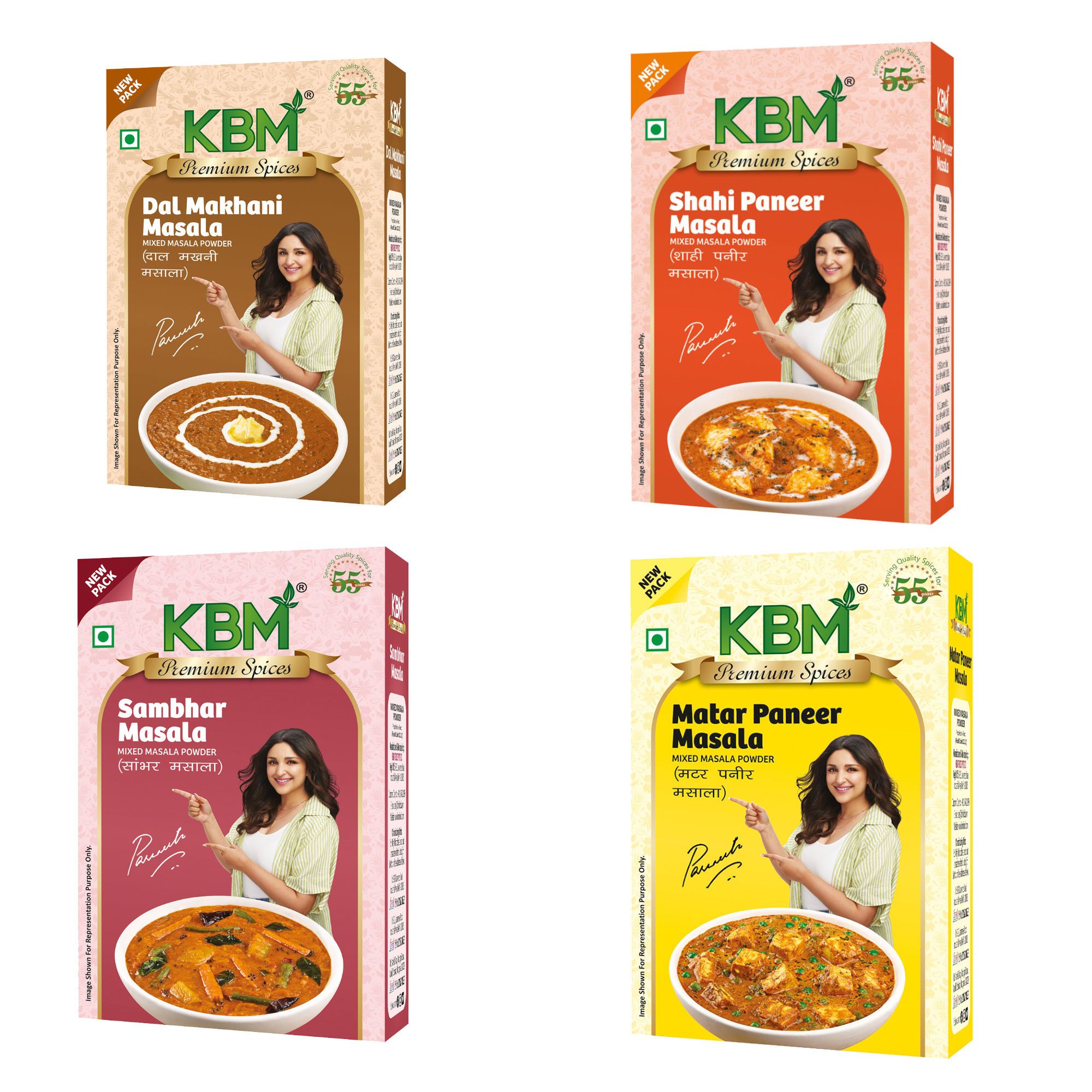 KBM Premium Spices Dal Makhani + Shahi Paneer + Sambhar + Matar Paneer, 100 gm - Pack of 4