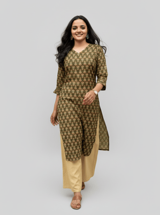 Rivaaj Ethnic Radha Green Cotton Straight Kurta (Size M) | Breathable Pure Cotton V-Neck Design | Casual Ethnic Wear | Traditional Indian Style
