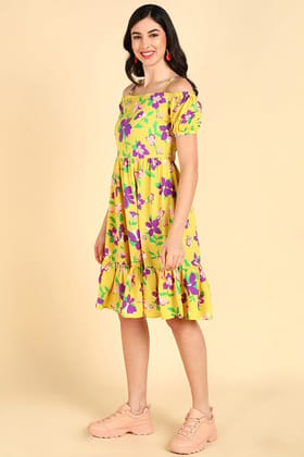 Yellow Georgette Floral Printed Midi Dress VD1174 Yellow Georgette Floral Printed Midi Dress VD1174