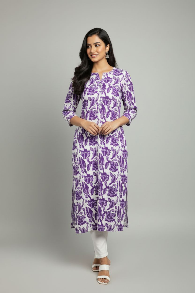 Rivaaj Ethnic Trisha Kurta (Size M) | Purple Cotton Straight Fit | Handblock Print | 3/4th Sleeves | Daily Wear