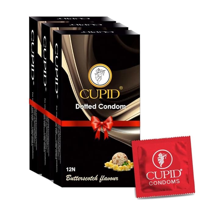 Cupid Dotted & Flavoured Condoms Butterscotch Flavour (Pack of 3) | Lubricated & Multitextured Condoms | For Her Enhanced Pleasure | Pack of 3, 20 Pcs Each