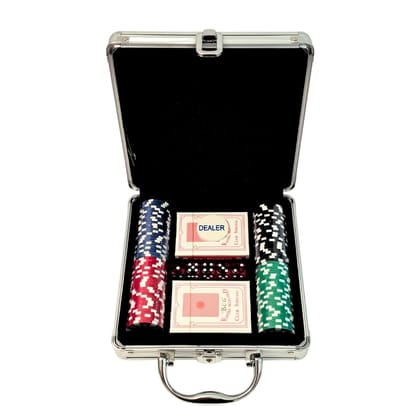 Silver Case Poker Set - Premium Case Includes 100 Casino Size Poker Chips, 2 Card Decks & 5 Dice Silver Case Poker Set - Premium Case Includes 100 Casino Size Poker Chips, 2 Card Decks & 5 Dice