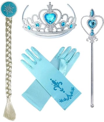 Kaku Fancy Dresses Fairy Tales Character Princes Elsa Accessories Crown, Wig, Wand & Gloves -White-Blue, Freesize, For Girls