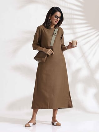 trueBrowns Brown Slub Dress - Brown  (L)