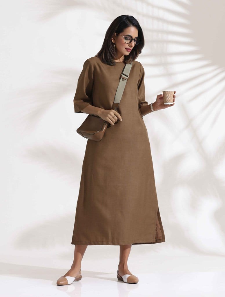 trueBrowns Brown Slub Dress - Brown  (L)