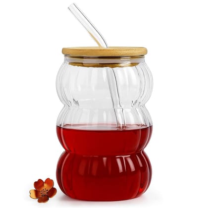 Wave Shape Glass Tumbler with Wooden lid and Straw Beverage Sipper Unique Pattern Design Cola Mug for Iced Coffee, Juice, Milk, Cocktails, Milkshake (Pack of 1)
