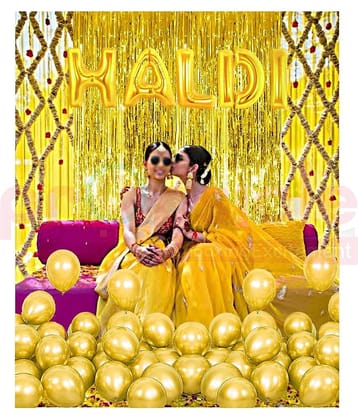 PartyBooms Haldi Gold Foil Banner, 2 Gold Curtains, 50 Gold Balloons (Pack of 53)