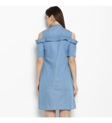 Women's Denim Solid Cold Shoulder Above Knee Dress (Blue, L)-PID55743