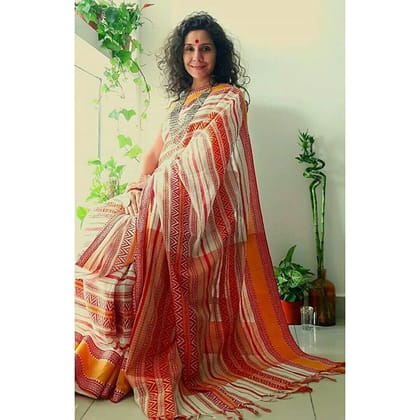 ORANGE LINING LINEN DIGITAL PRINTED SAREE 1518