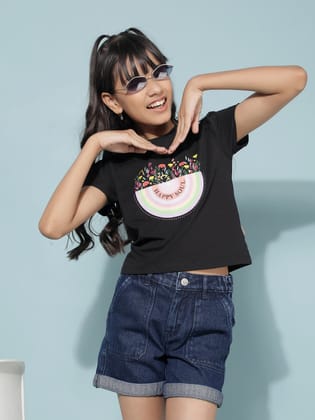 Black Graphic Print Crop Length T-Shirt-5-6Y / Black