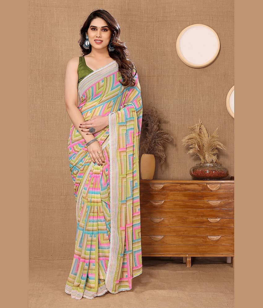 VEDANT VASTRAM Georgette Printed Saree With Unstitched Blouse Piece ( Green )