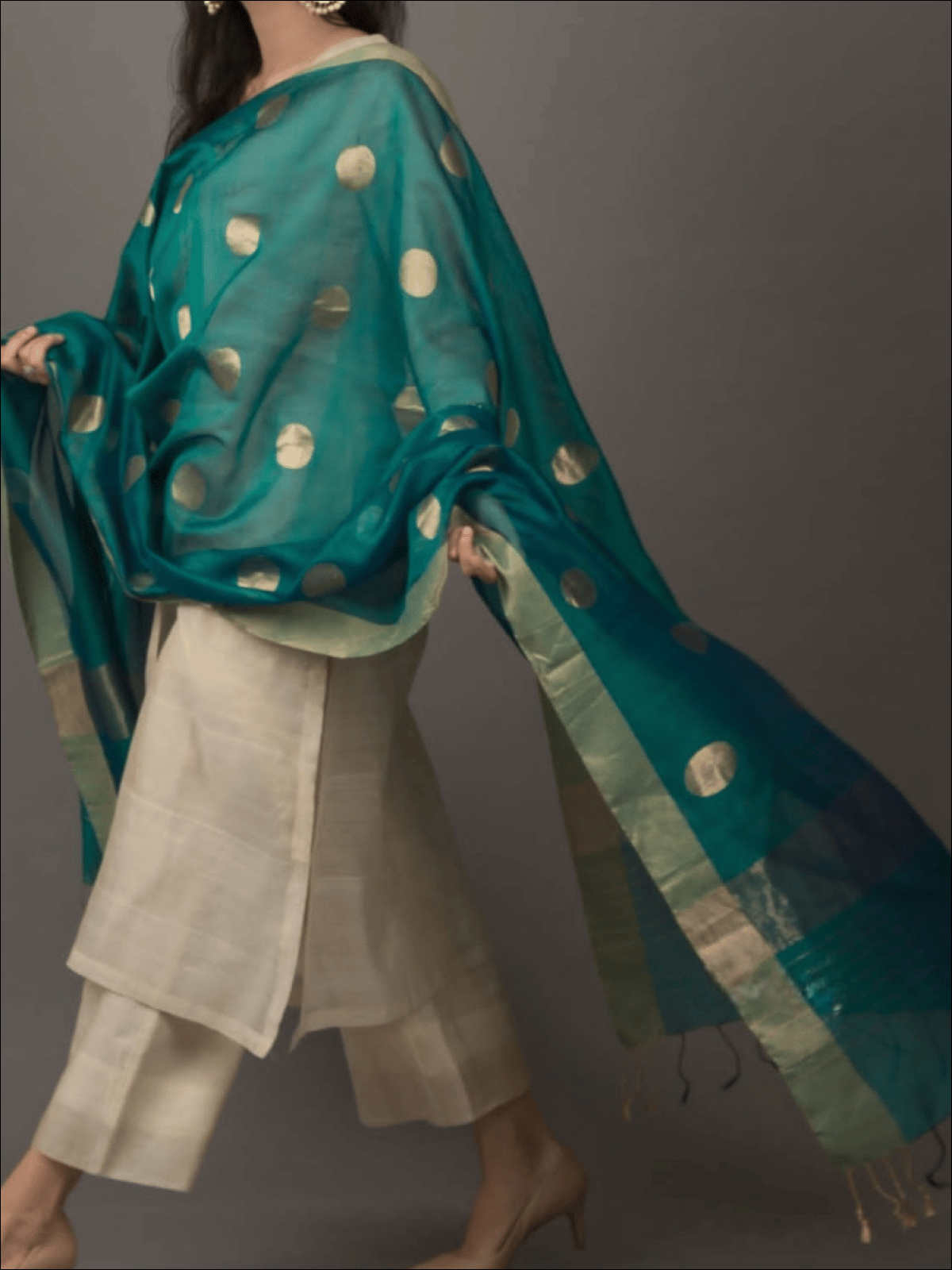 Khadi Beige Chanderi Dupatta Set-S / Turquoise