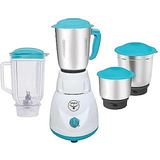 Starly Grind Force 500W Mixer Grinder  4 Jars 3 Stainless Steel Jars  2 litre Juicer Jar  ABS Body   Powerful  High Speed Mixie for Grinding Mixing Juicing Blue  White