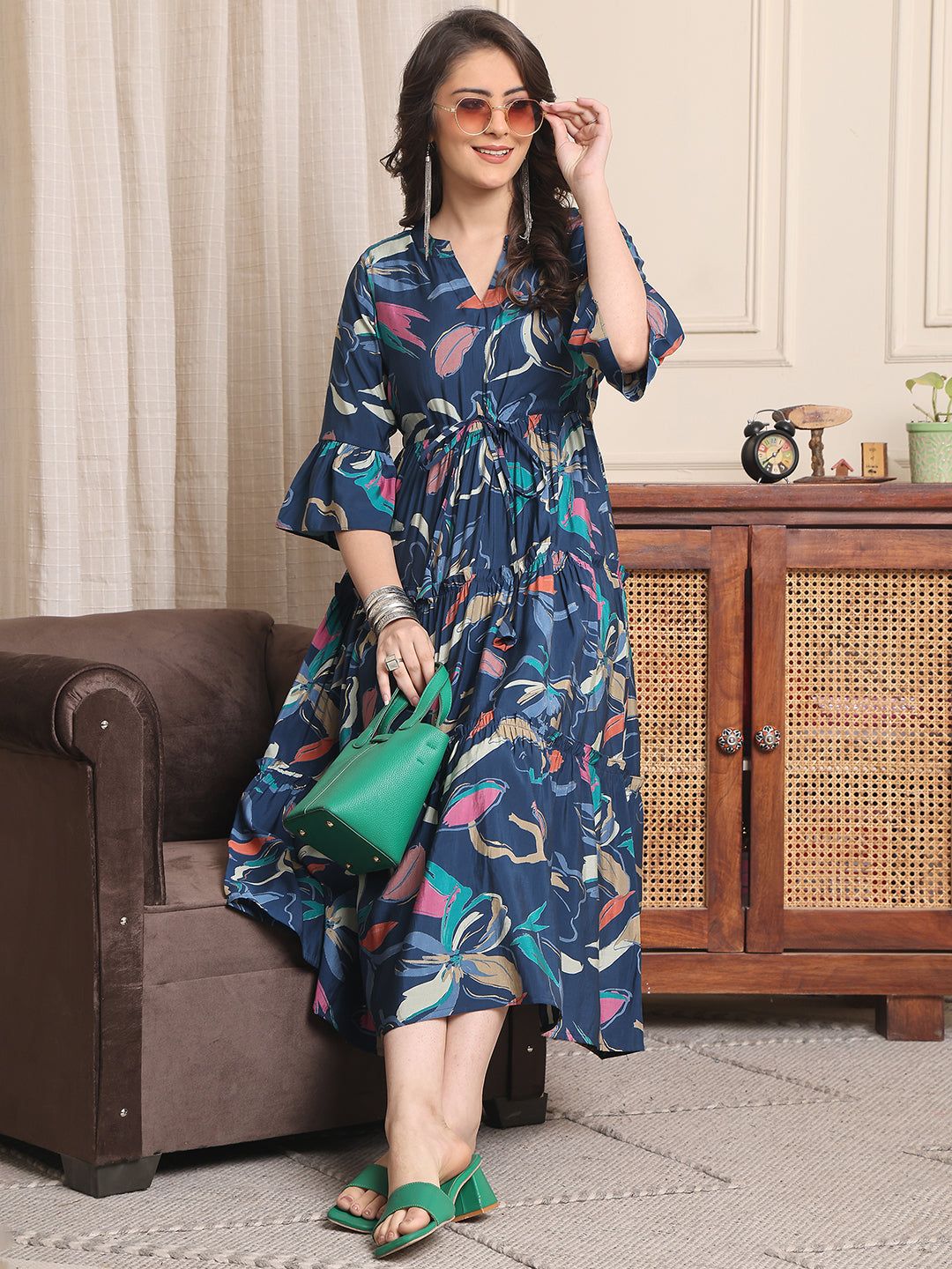 Navy Color Floral Printed Premium Chanderi Ethnic Dress-S