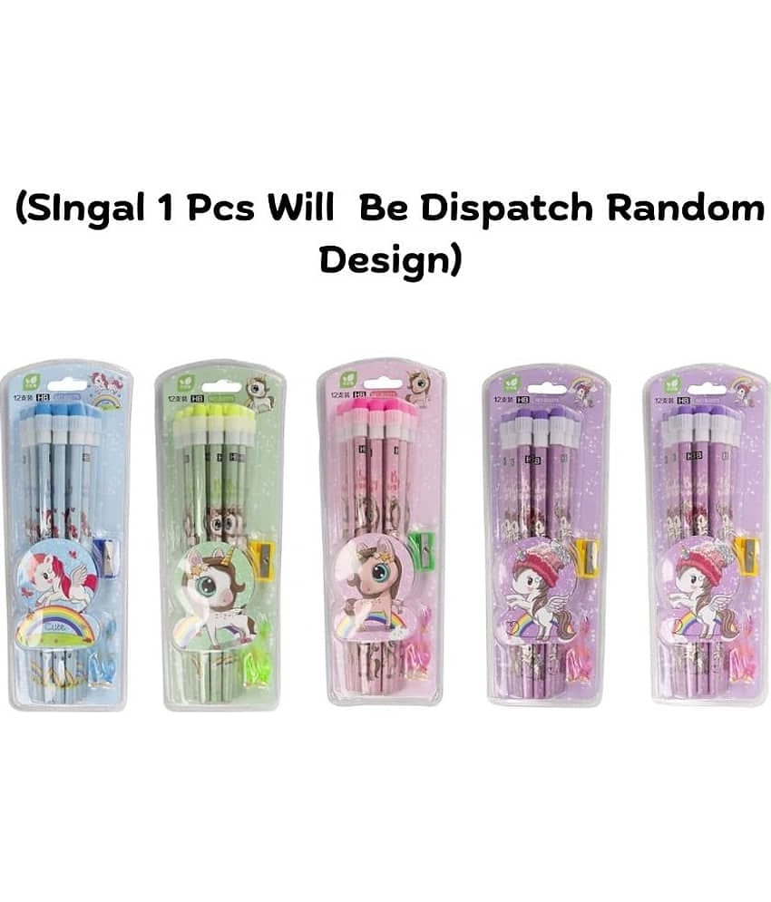 Kalra Magic (Pack1)Random Color Dispatch Unicorn & Astronaut Themed Stationery Set Pencils Eraser Sharpener & Ruler for Kids (12 Pcs Pencil)