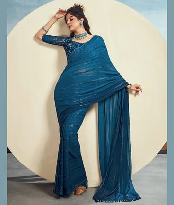 Satrani Georgette Embellished Saree With Unstitched Blouse Piece ( Teal )