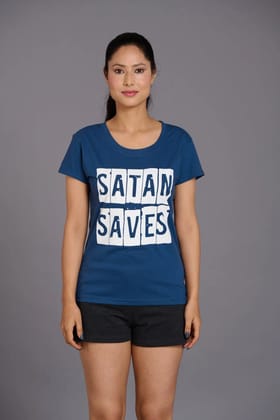 Satan Saves Printed Navy Blue T-Shirt for Women