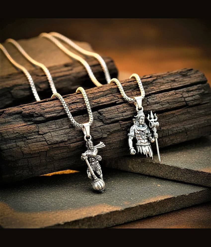 AKLINA Silver Men's Religious Pendant With Chain ( Pack of 2 )