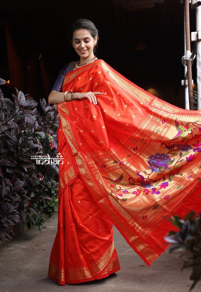 Authentic Handloom Pure Silk Paithani - Reddish Orange with Designer Pallu woven by Skilled Weavers, Detaiked Weaving - Bright Red Orange Solid Color