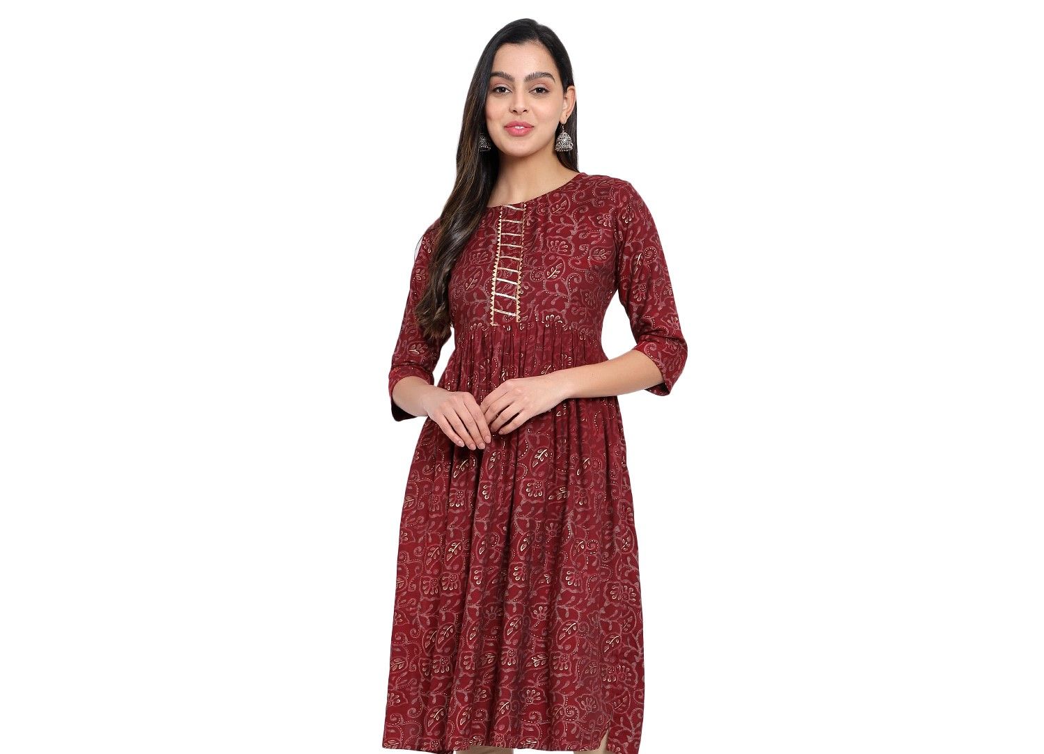 MRS RIGHT PREMIUM COTTON PRINTED MAROON NYRA FROCK KURTI