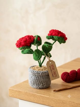 Handmade Crochet Red Rose Plant in Pot