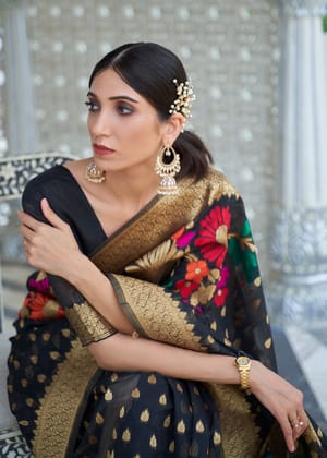 Traditional Black Woven Banarasi Linen Saree
