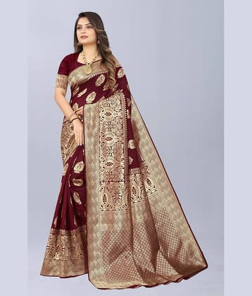 NENCY FASHION Banarasi Silk Embellished Saree With Unstitched Blouse Piece ( Maroon )