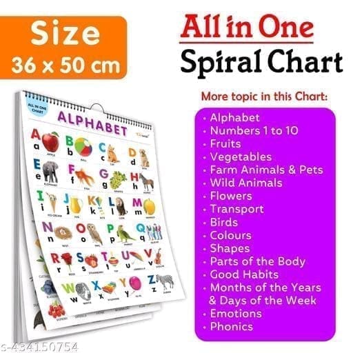 16 in 1 All in One Chart for Kids, Alphabet, Numbers, Colors, Shapes, Fruits, Vegetables, Animals, and More