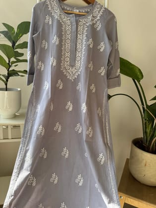 Mul Cotton Chikankari Kurti - Grey-Grey / cotton / S