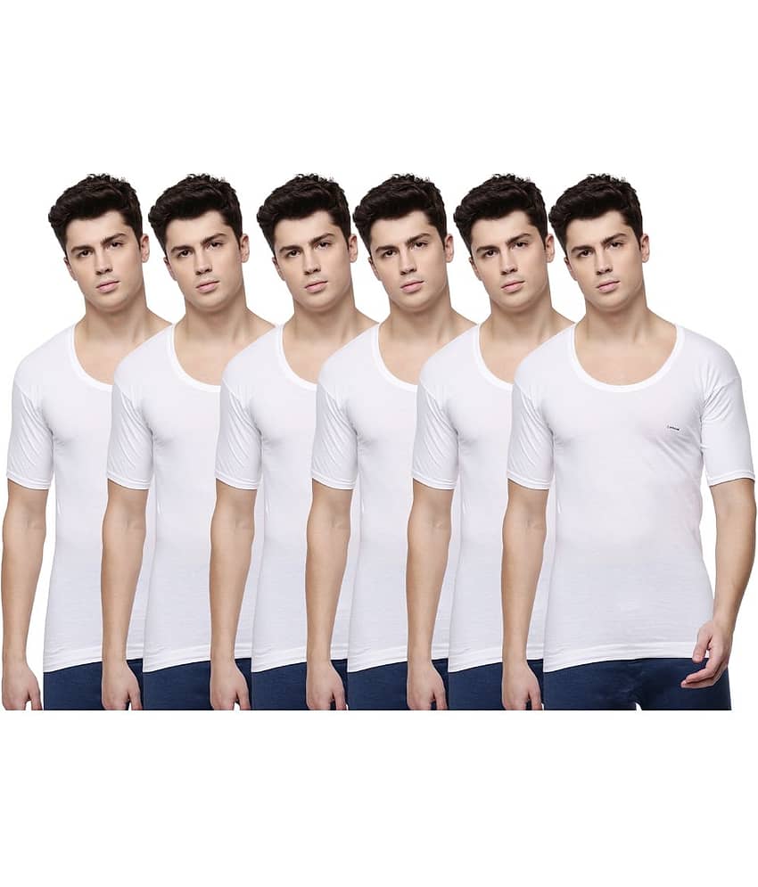 Dollar Lehar Men Combed Cotton Round Neck With Sleeve Vest - Pack of 6 - White