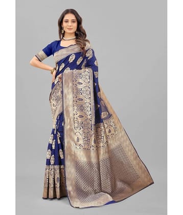 Gazal Fashions Banarasi Silk Embellished Saree With Unstitched Blouse Piece ( Navy Blue )