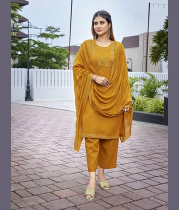 Royal Export Cotton Blend Embellished Kurti With Pants Women's Stitched Salwar Suit - Yellow ( Pack of 1 )