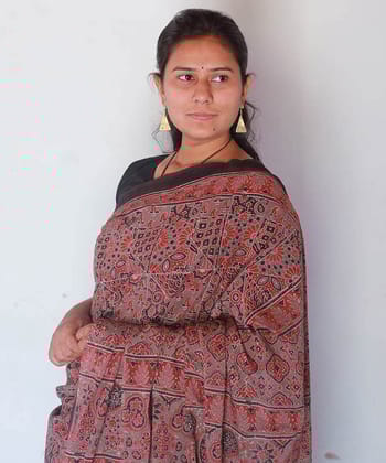 Red black cotton block print ajrakh saree