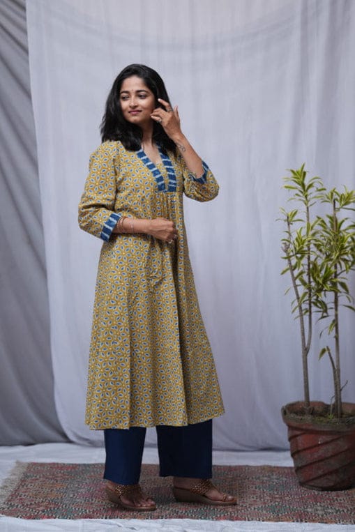 Rivaaj Ethnic Jiya Kurta (Size M) | Yellow Bagru Handblock Print Cotton | Summer Casual Wear | A-Line Flair V-Neck